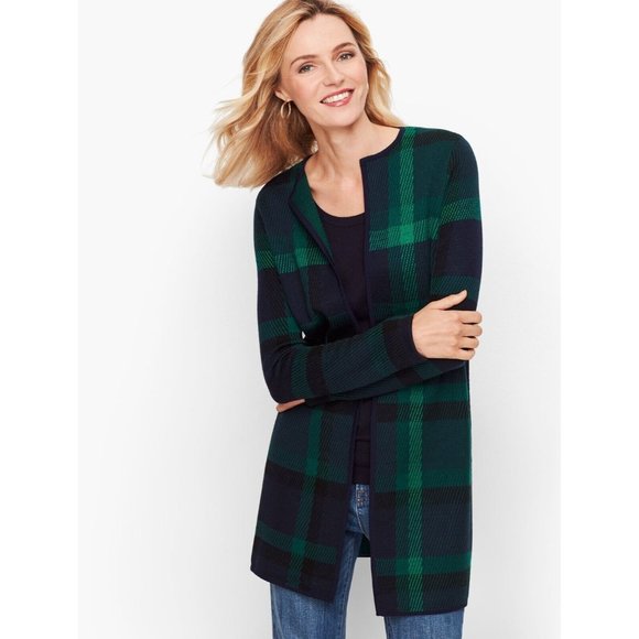 Talbots Sweaters - $ 198 Talbots Navy & Green Plaid 100% Pure Merino Wool Open Long Cardigan Size S
